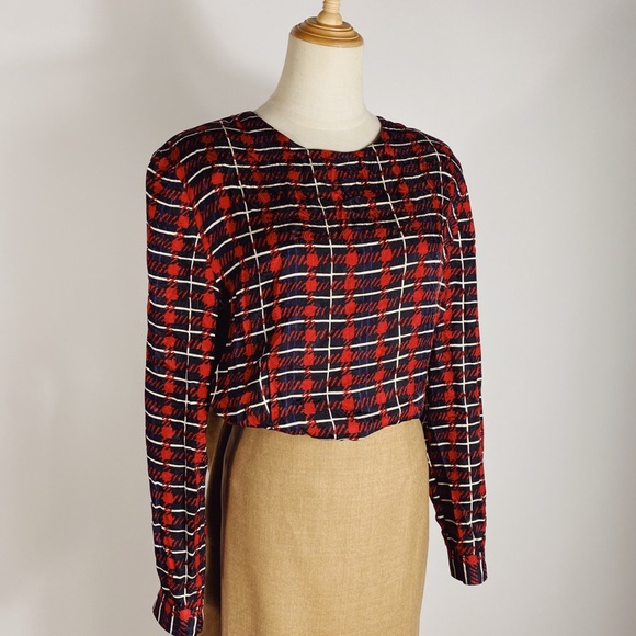 Vintage Tops - VINTAGE Silk Plaid Talbots Long Sleeve Blouse Holiday Red Black Purple Womens 14